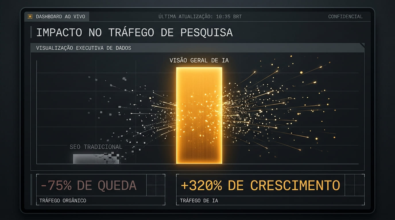 Gráfico de CTR orgânico mostrando a queda brutal de tráfego para empresas B2B que não aparecem nos AI Overviews do Google.