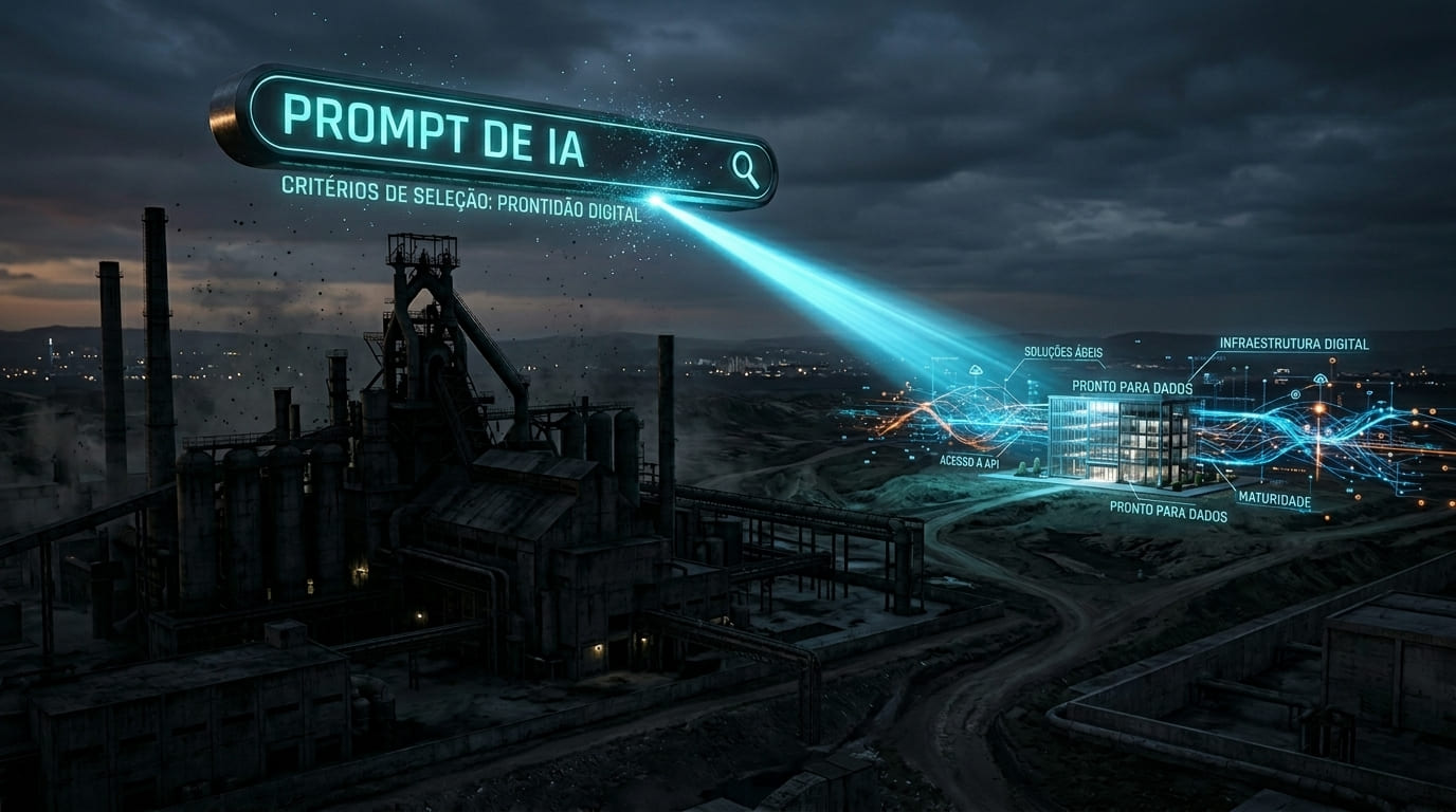 Metáfora visual mostrando como o ChatGPT e as IAs recomendam empresas menores com forte presença digital no lugar de indústrias tradicionais invisíveis na internet.
