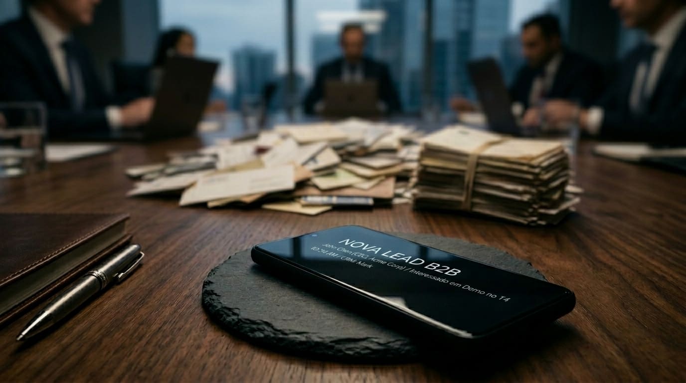 Smartphone moderno exibindo notificações de novos leads corporativos ao lado de uma pilha inútil de velhos cartões de visita.