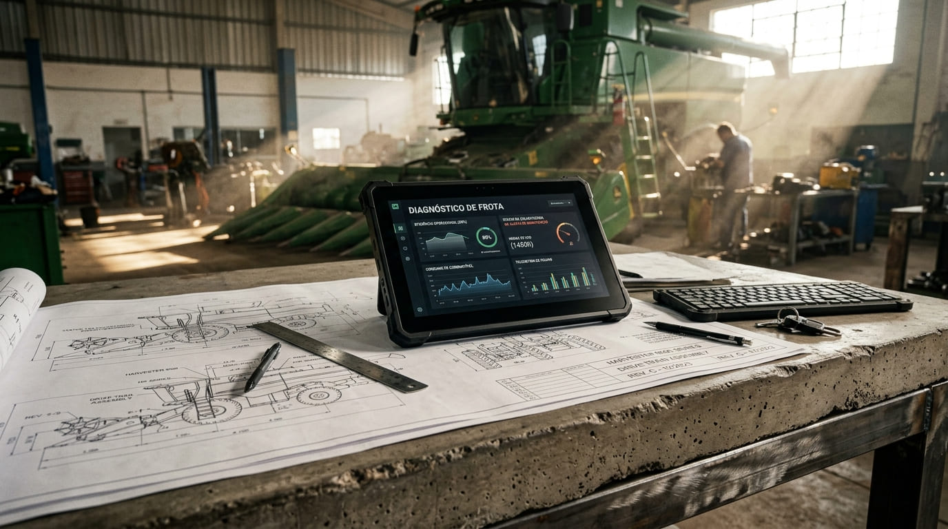 Painel digital exibindo diagnóstico de frota ao lado de plantas de engenharia agrícola sobre uma mesa de aço, representando a infraestrutura digital exigida pelo novo comprador rural.