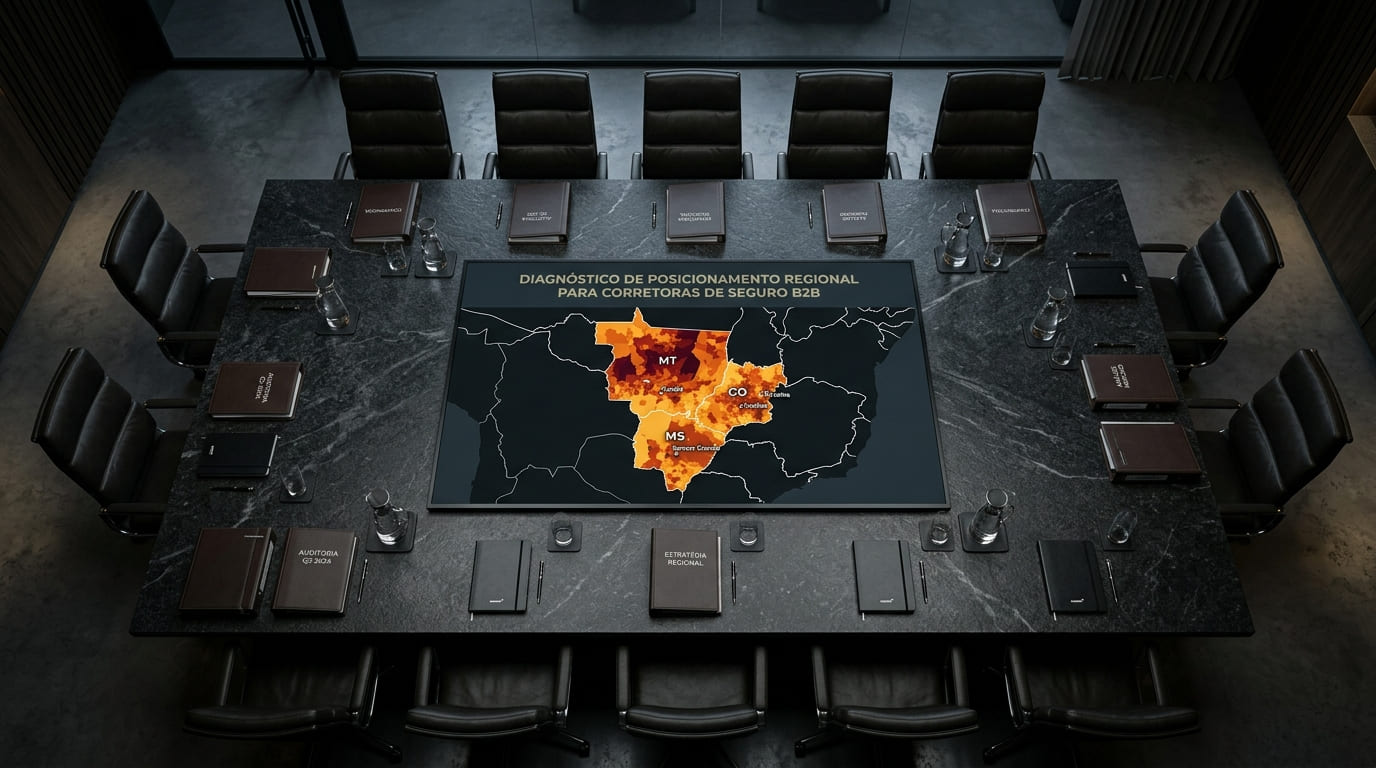 Visão superior de uma mesa de reunião com mapa territorial em tela digital e relatórios físicos, representando o domínio regional e SEO local para corretoras de seguros em Brasília.
