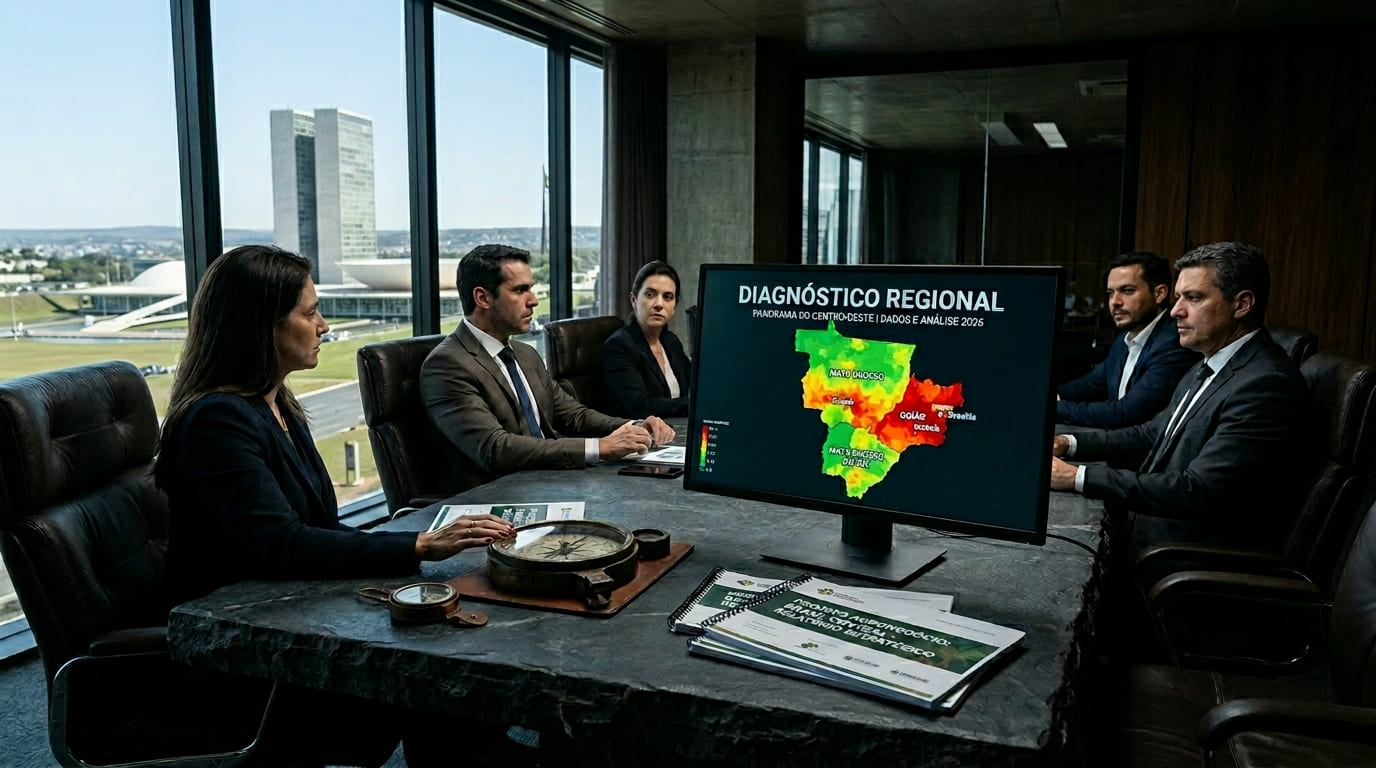Reunião de diretoria B2B analisando diagnóstico regional em tela digital e mapas táticos sobre mesa de pedra.