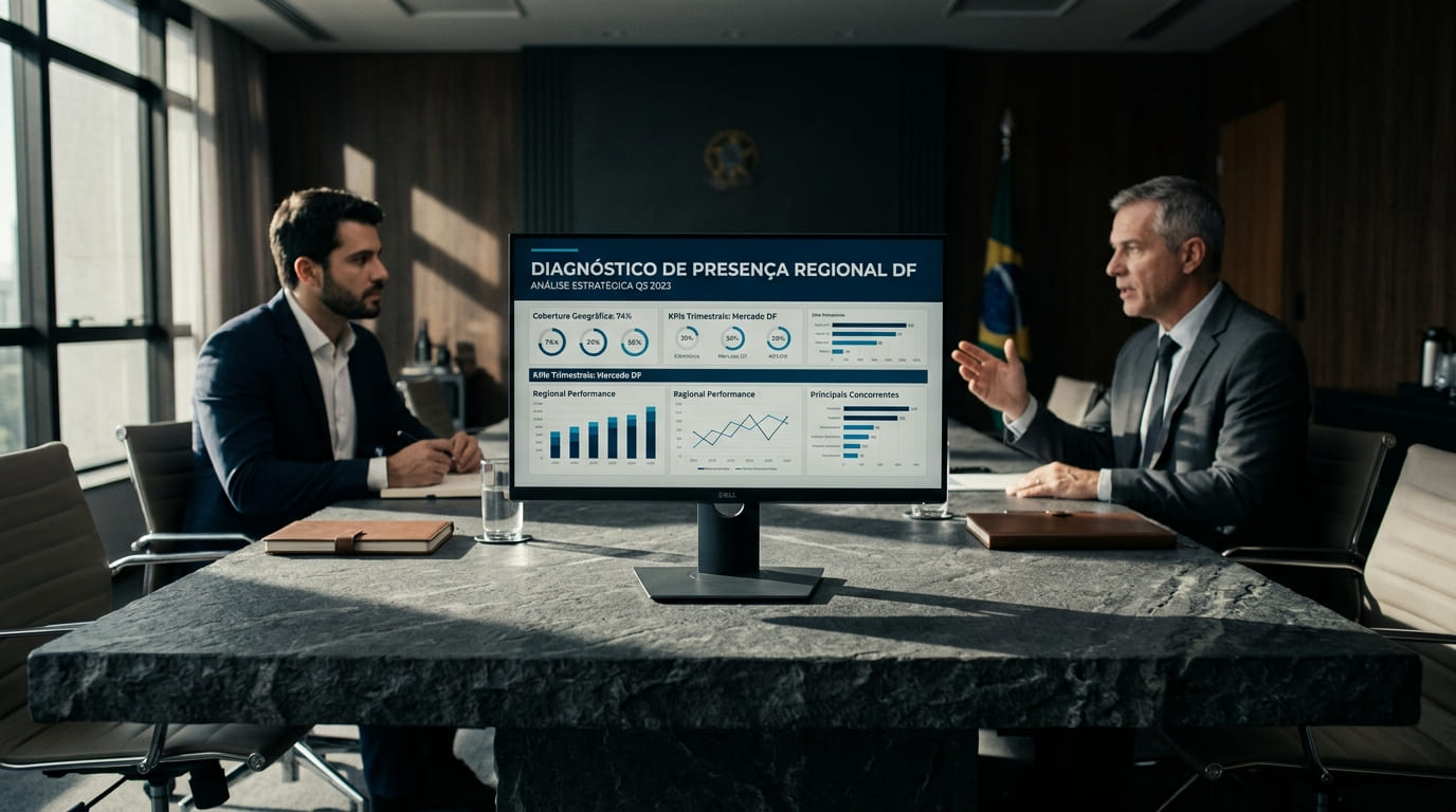 Monitor digital exibindo diagnóstico regional do Distrito Federal sobre mesa de pedra maciça, focado na estratégia de domínio territorial B2B.