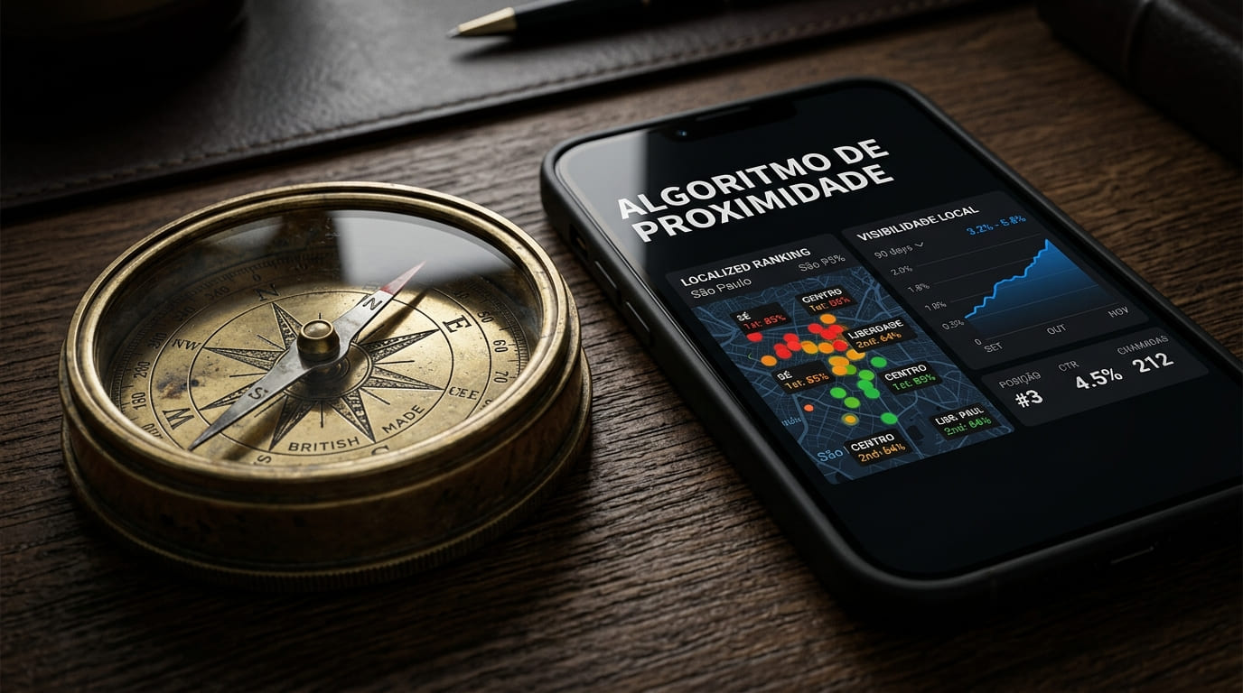 Bússola clássica de latão ao lado de um smartphone exibindo o algoritmo de proximidade em modo escuro, ilustrando a matemática fria do Google Meu Negócio.