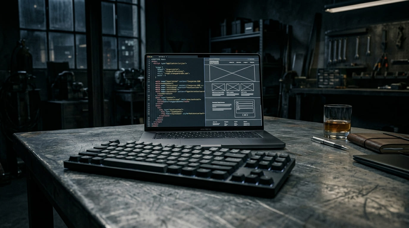 Tela de laptop exibindo código estruturado de SEO e wireframes corporativos sobre uma mesa pesada de aço, representando a engenharia comercial da internet.