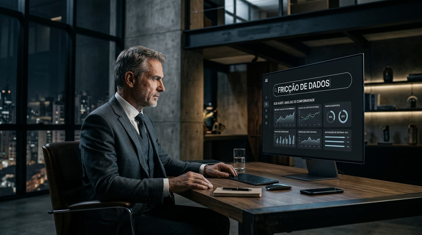 Executivo B2B analisando relatório de fricção de dados em monitor digital em um escritório corporativo de concreto e aço.