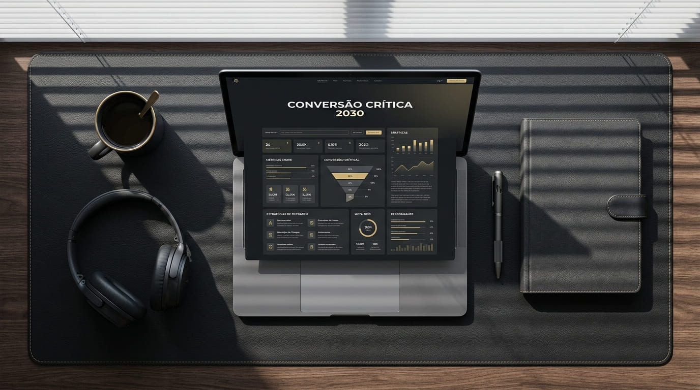 Visão superior geométrica de um notebook exibindo o funil de conversão de uma landing page para o decisor de 2030, livre de distrações fúteis.