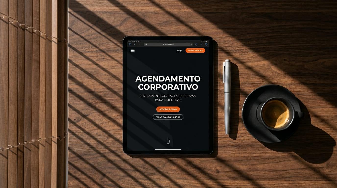 Tablet em modo escuro exibindo uma página de agendamento corporativo sobre mesa de madeira, ilustrando o funil de conversão e a retenção do cliente maduro no agronegócio.