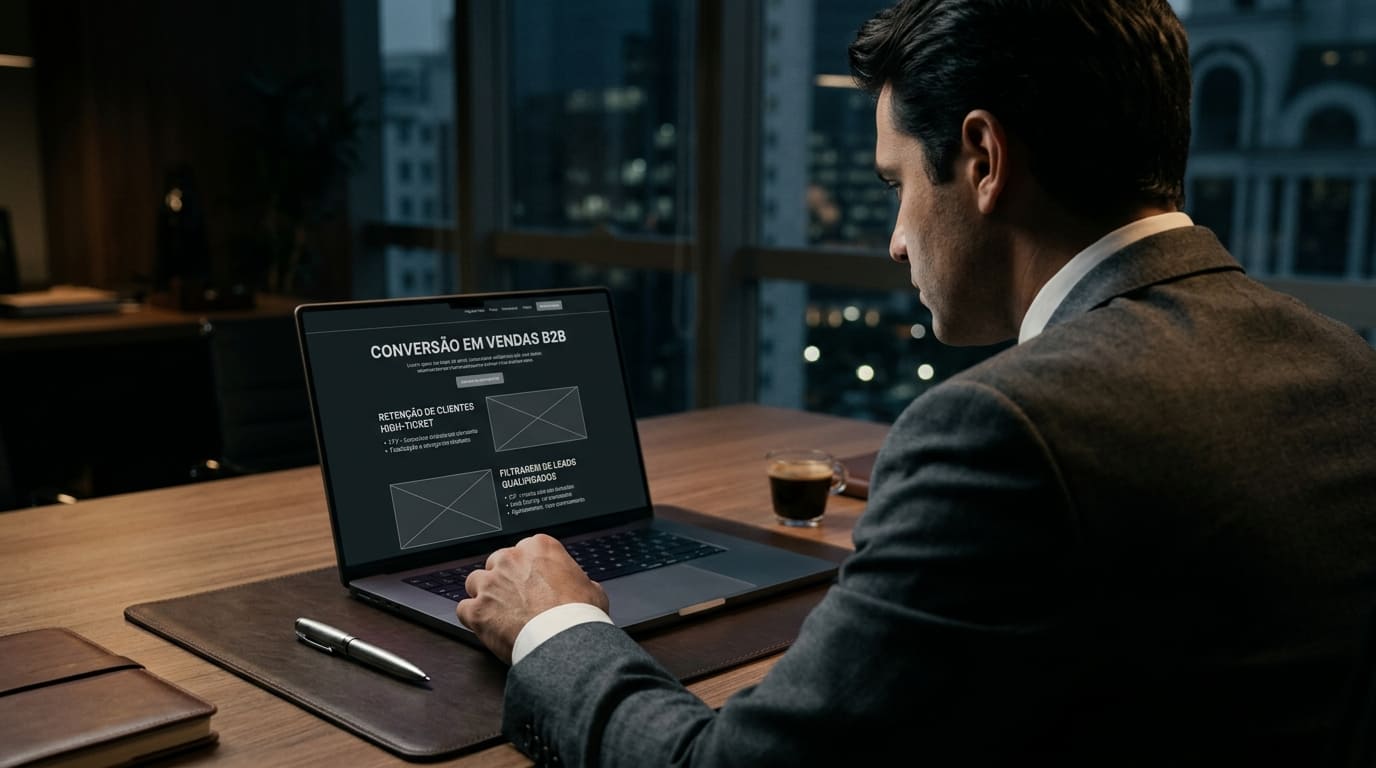 Visão por cima do ombro de um executivo analisando a estrutura de conversão de uma landing page corporativa em um notebook ultrafino.