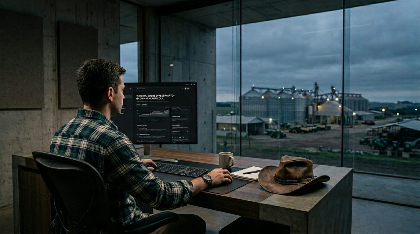 Novo gestor do agronegócio pesquisando o ROI de maquinário agrícola em um monitor no modo escuro, provando que a jornada de compra B2B agora começa na Inteligência Artificial.