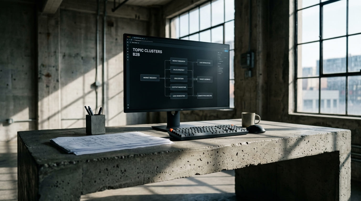 Visão de baixo para cima de um monitor exibindo a arquitetura semântica de Topic Clusters de um site profissional de alto padrão.