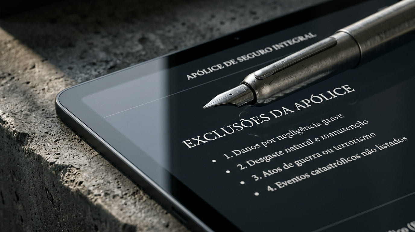 Close-up de uma caneta de aço sobre um tablet exibindo as exclusões da apólice, simbolizando a transparência radical exigida pela Inteligência Artificial para corretoras.